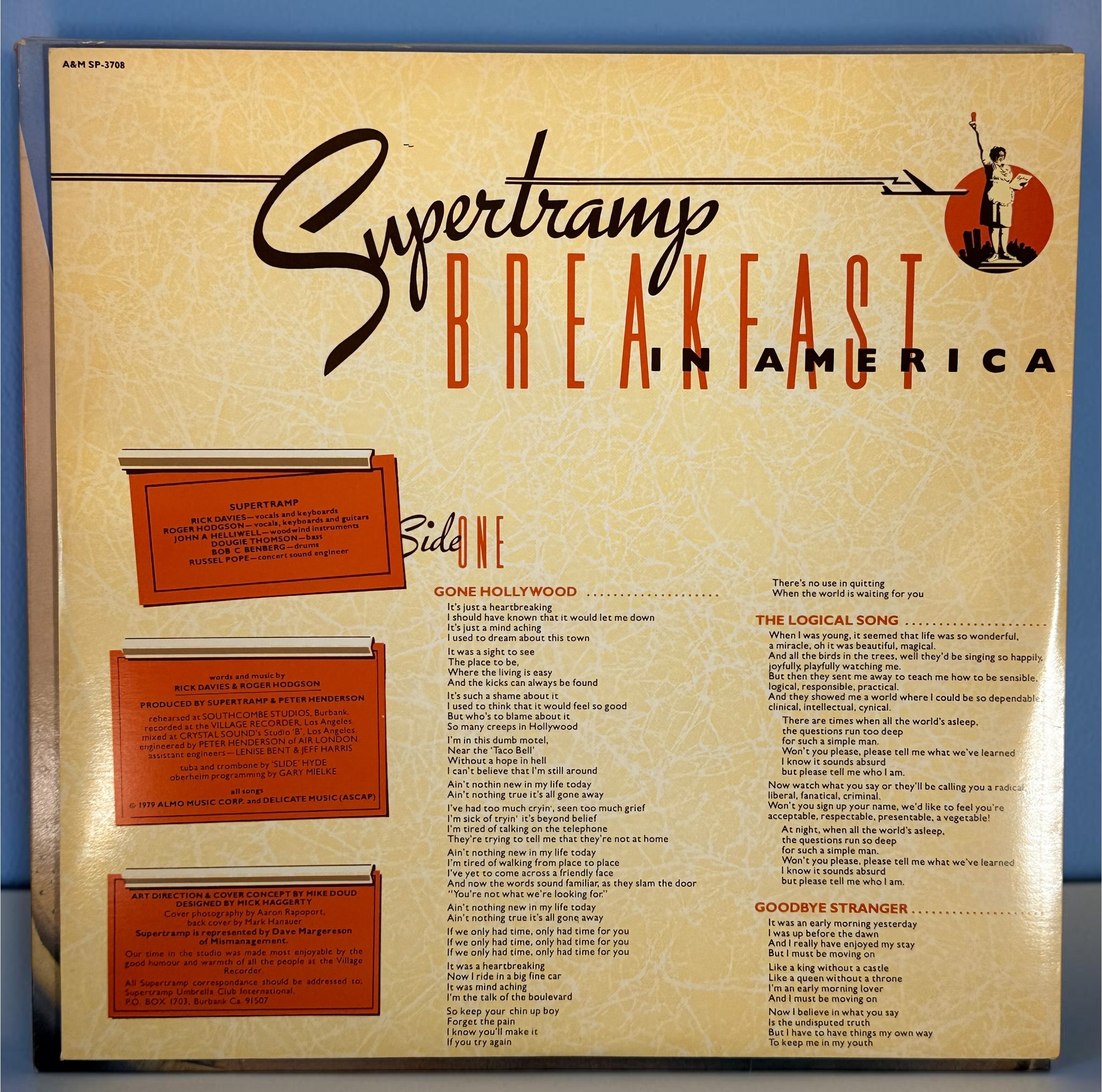 Supertramp's Breakfast in America (1979) Canadian vinyl LP on A&M Records SP-3708. Original lyric sleeve included. Vintage classic rock record.
