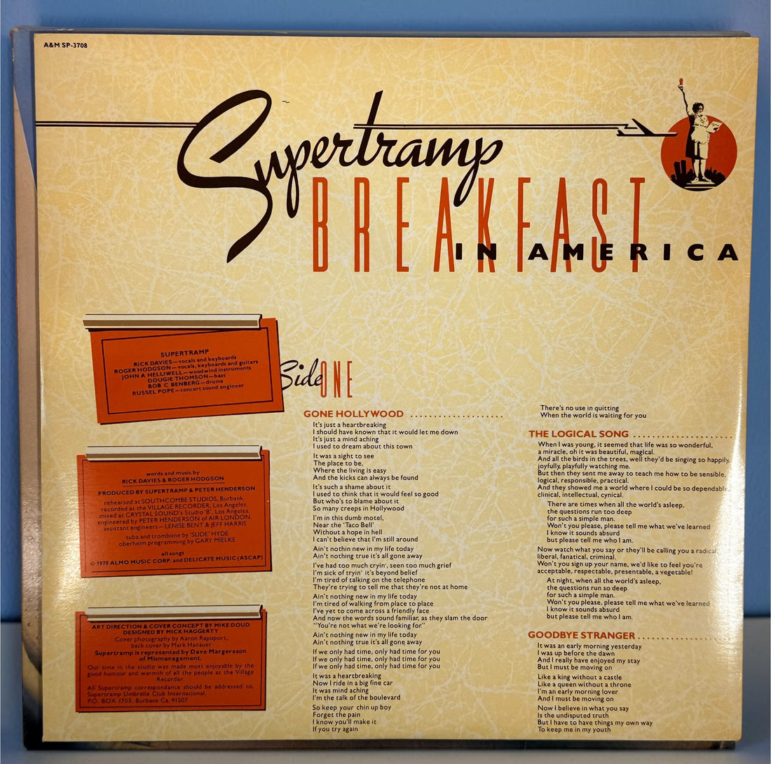 Supertramp's Breakfast in America (1979) Canadian vinyl LP on A&M Records SP-3708. Original lyric sleeve included. Vintage classic rock record.