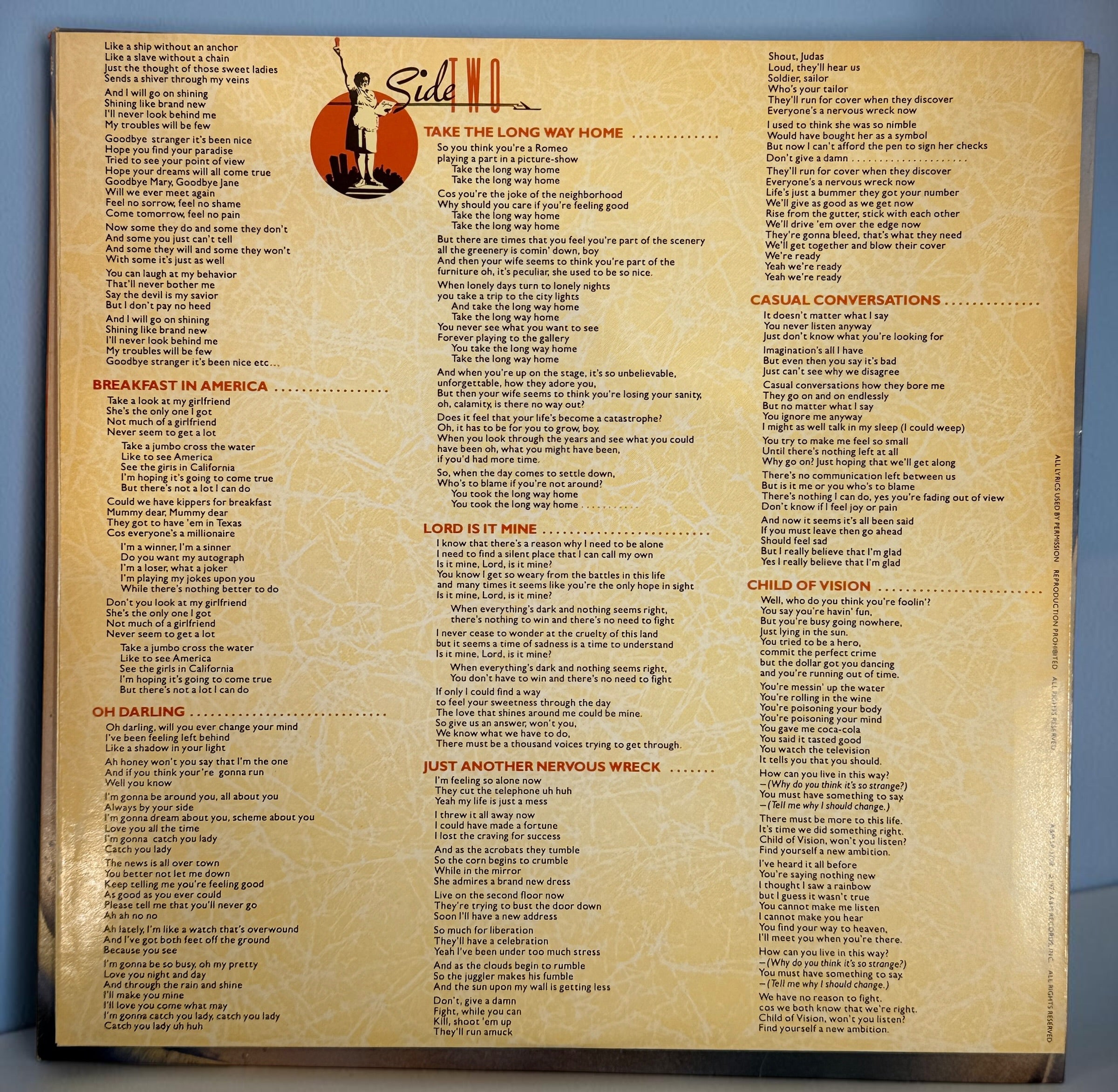 Supertramp's Breakfast in America (1979) Canadian vinyl LP on A&M Records SP-3708. Original lyric sleeve included. Vintage classic rock record.