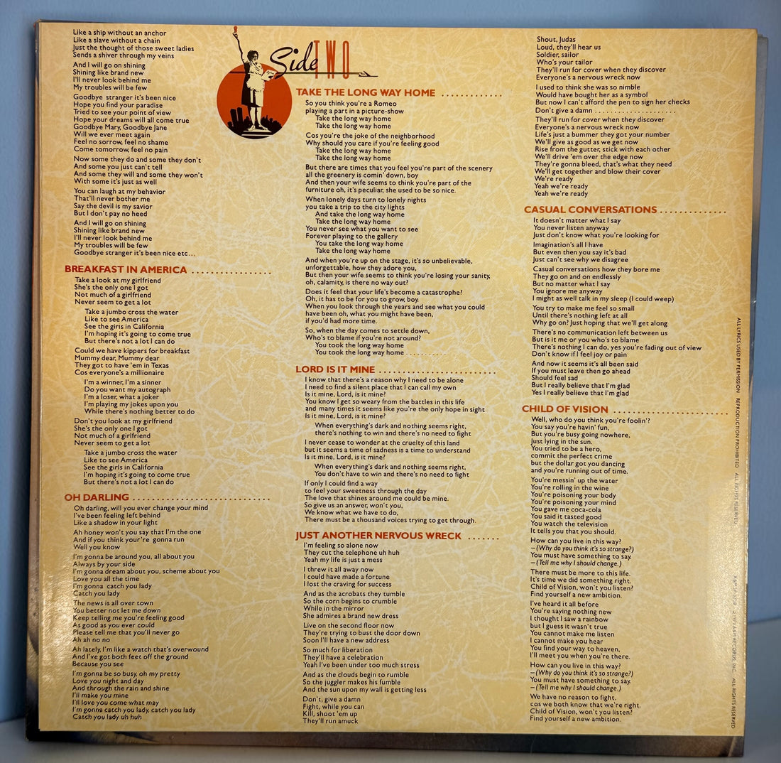 Supertramp's Breakfast in America (1979) Canadian vinyl LP on A&M Records SP-3708. Original lyric sleeve included. Vintage classic rock record.