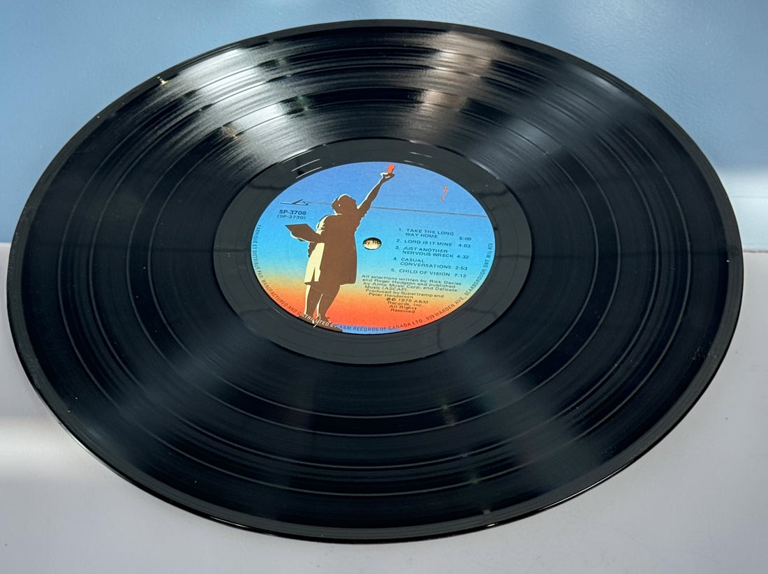 Supertramp's Breakfast in America (1979) Canadian vinyl LP on A&M Records SP-3708. Original lyric sleeve included. Vintage classic rock record.