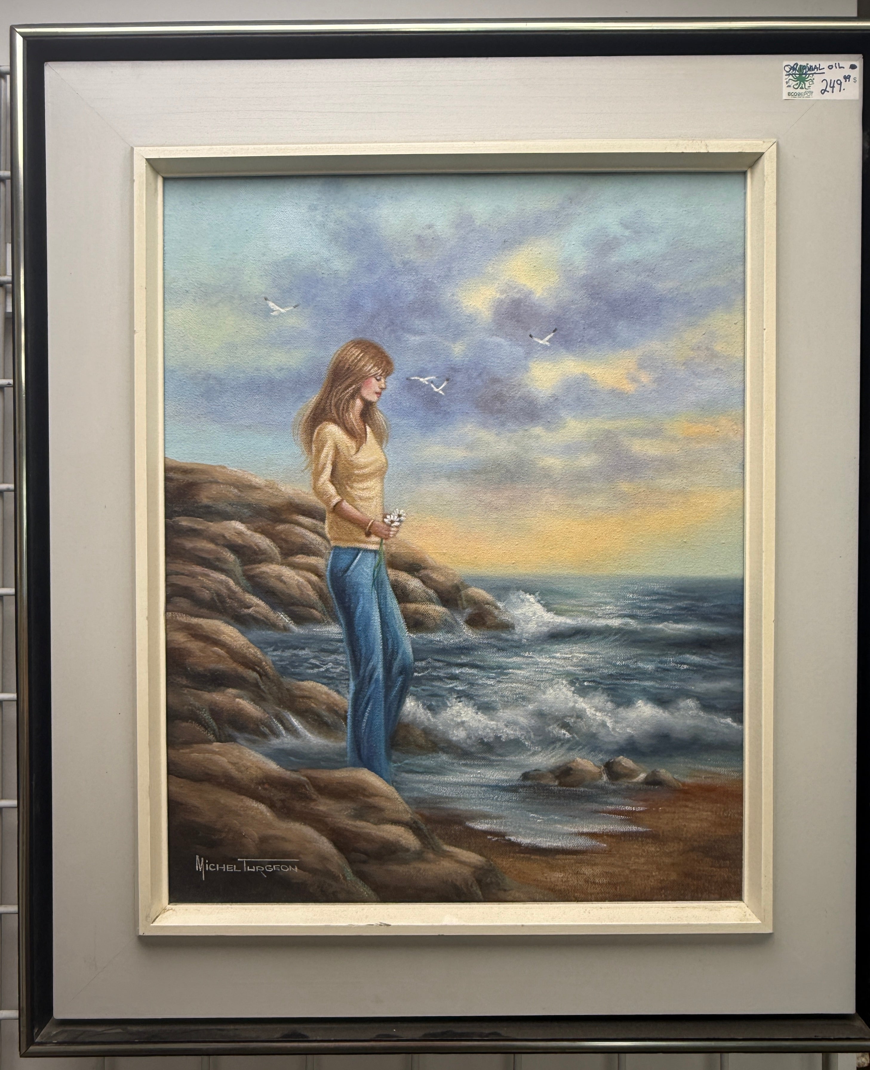 Quebec Oil Painting – Woman by Shore, Michel Turgeon, 1981