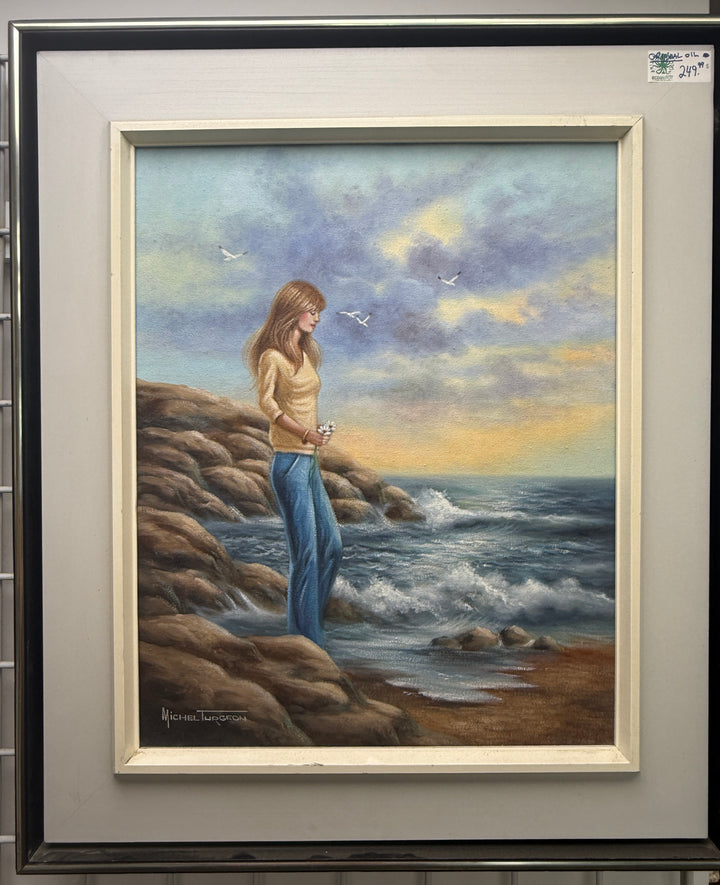 Quebec Oil Painting – Woman by Shore, Michel Turgeon, 1981