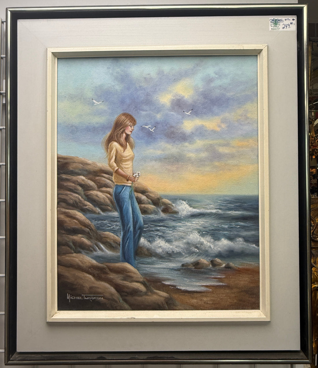 Quebec Oil Painting – Woman by Shore, Michel Turgeon, 1981