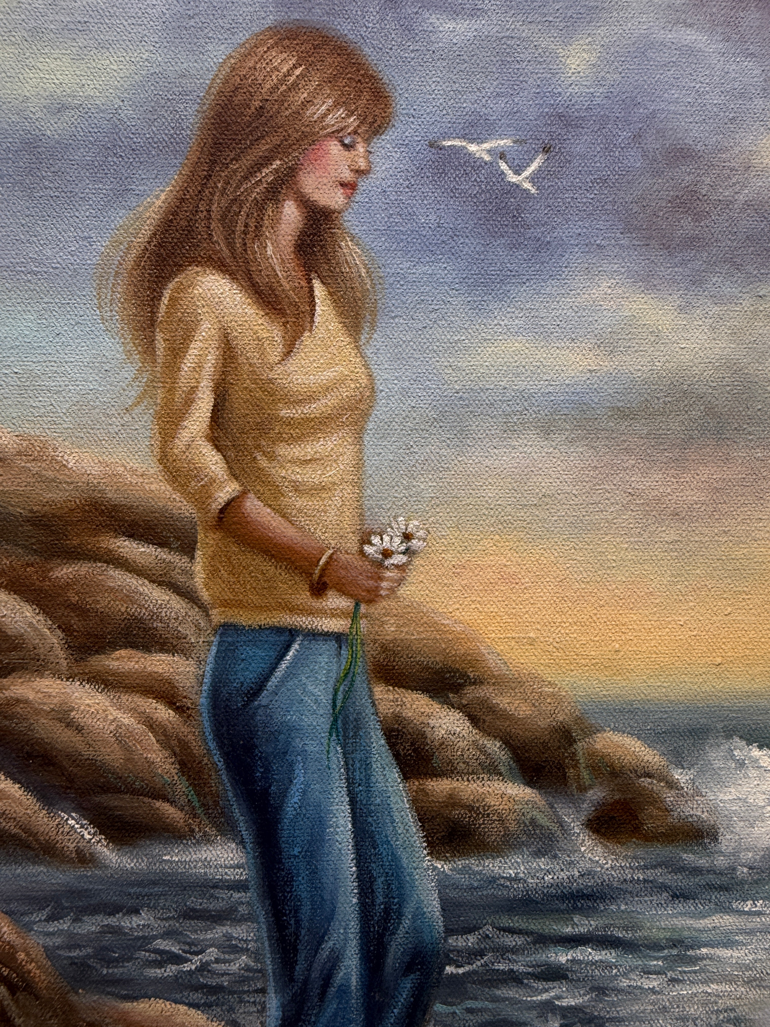 Quebec Oil Painting – Woman by Shore, Michel Turgeon, 1981