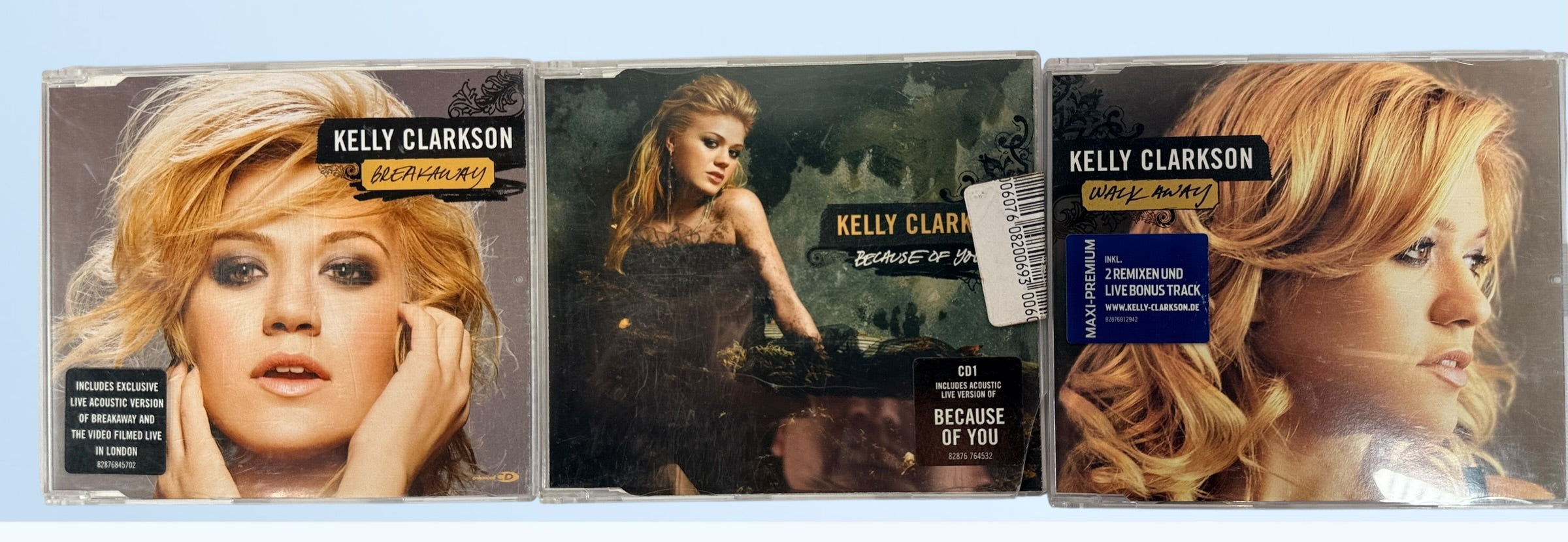 Kelly Clarkson Breakaway era CD singles lot including Breakaway, Because of You and Walk Away. Original Sony BMG releases with remixes and bonus tracks.