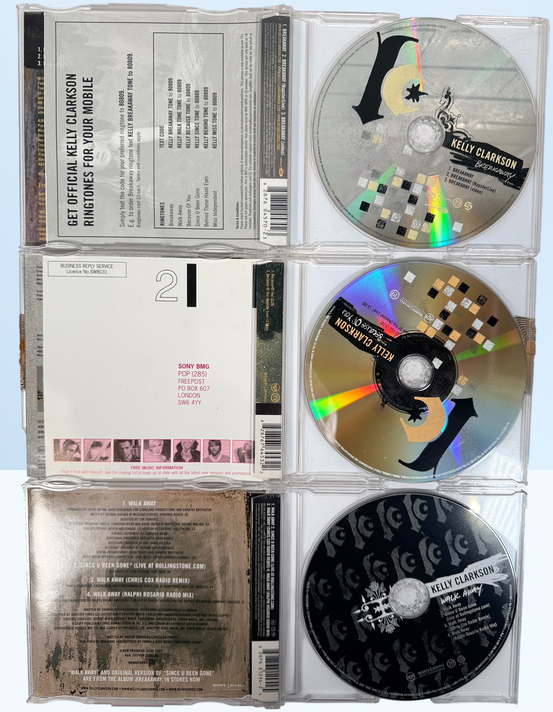Kelly Clarkson Breakaway era CD singles lot including Breakaway, Because of You and Walk Away. Original Sony BMG releases with remixes and bonus tracks.