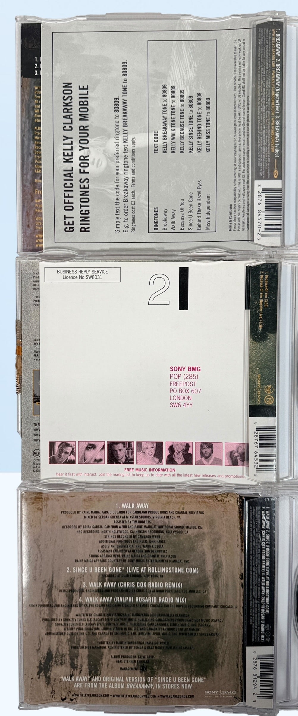 Kelly Clarkson Breakaway era CD singles lot including Breakaway, Because of You and Walk Away. Original Sony BMG releases with remixes and bonus tracks.