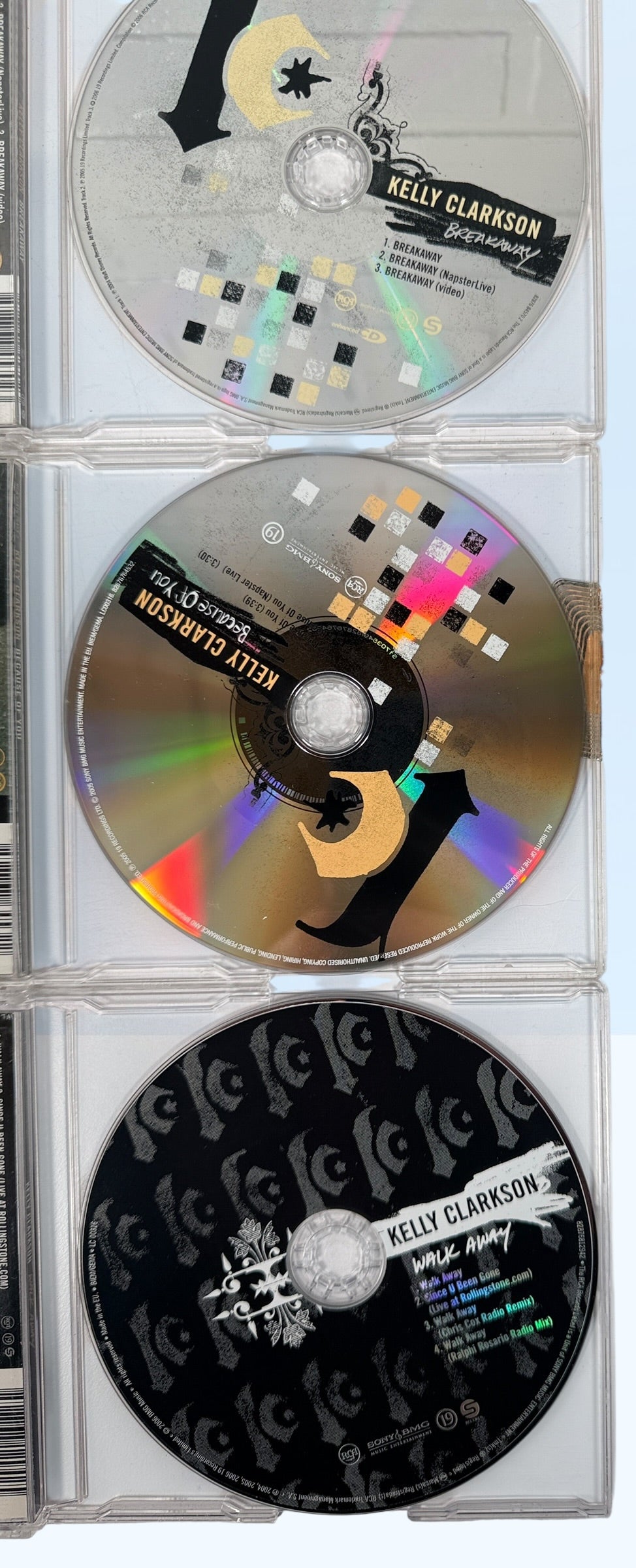 Kelly Clarkson Breakaway era CD singles lot including Breakaway, Because of You and Walk Away. Original Sony BMG releases with remixes and bonus tracks.