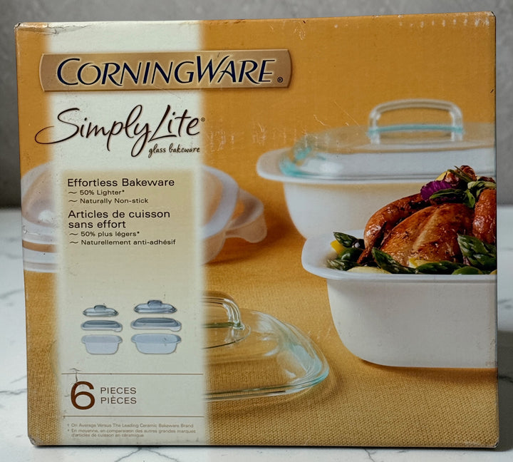 CorningWare SimplyLite 6 piece glass casserole bakeware set with lids and serving cradles. Lightweight discontinued CorningWare cookware in original box.