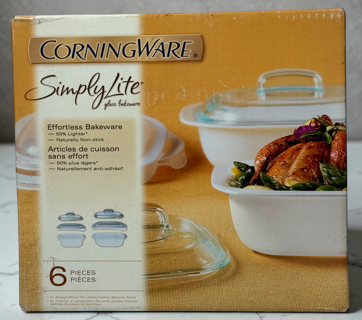 CorningWare SimplyLite 6 piece glass casserole bakeware set with lids and serving cradles. Lightweight discontinued CorningWare cookware in original box.