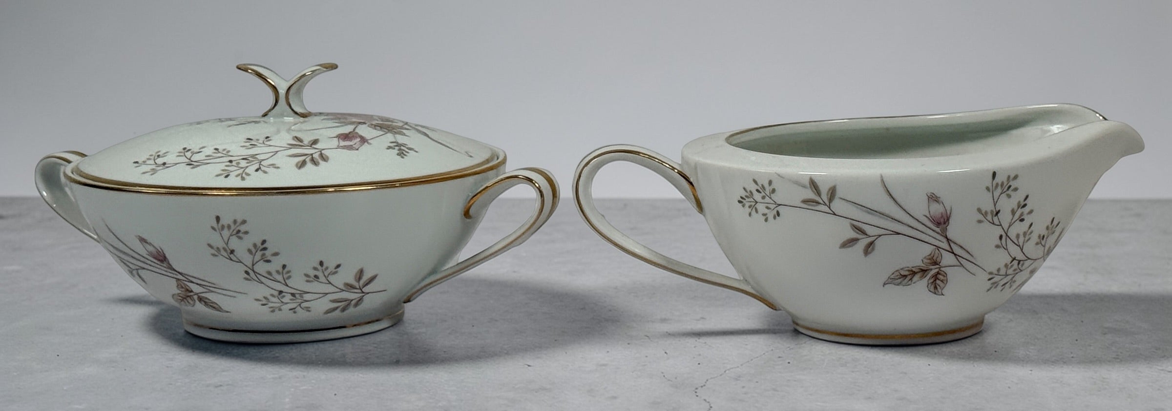 Vintage Noritake Luise 5763 china tea set with sugar bowl, creamer and cup. Elegant pink rose pattern with gold trim, made in Japan mid-century collectible.