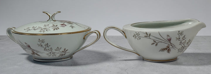 Vintage Noritake Luise 5763 china tea set with sugar bowl, creamer and cup. Elegant pink rose pattern with gold trim, made in Japan mid-century collectible.