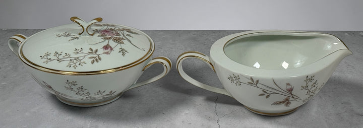 Vintage Noritake Luise 5763 china tea set with sugar bowl, creamer and cup. Elegant pink rose pattern with gold trim, made in Japan mid-century collectible.