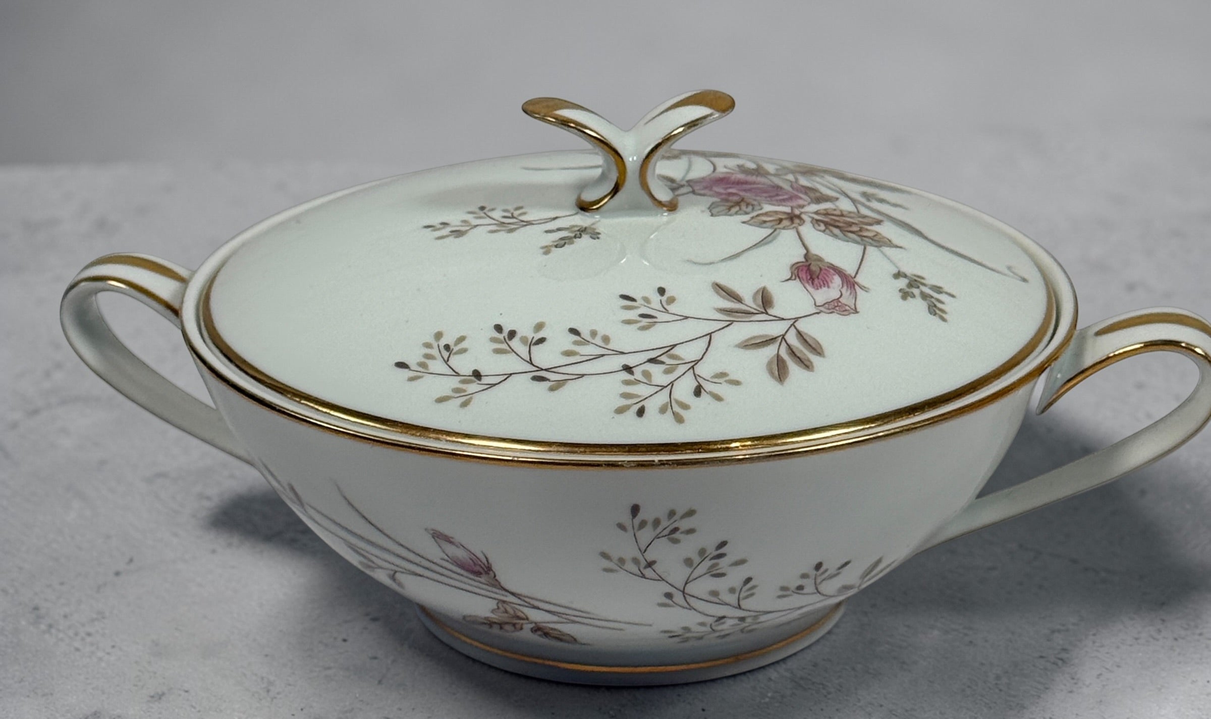 Vintage Noritake Luise 5763 china tea set with sugar bowl, creamer and cup. Elegant pink rose pattern with gold trim, made in Japan mid-century collectible.