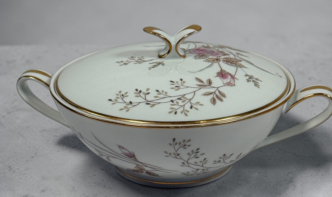 Vintage Noritake Luise 5763 china tea set with sugar bowl, creamer and cup. Elegant pink rose pattern with gold trim, made in Japan mid-century collectible.