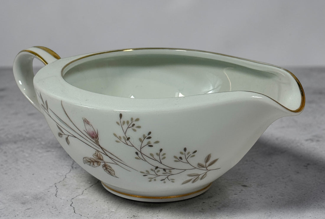 Vintage Noritake Luise 5763 china tea set with sugar bowl, creamer and cup. Elegant pink rose pattern with gold trim, made in Japan mid-century collectible.