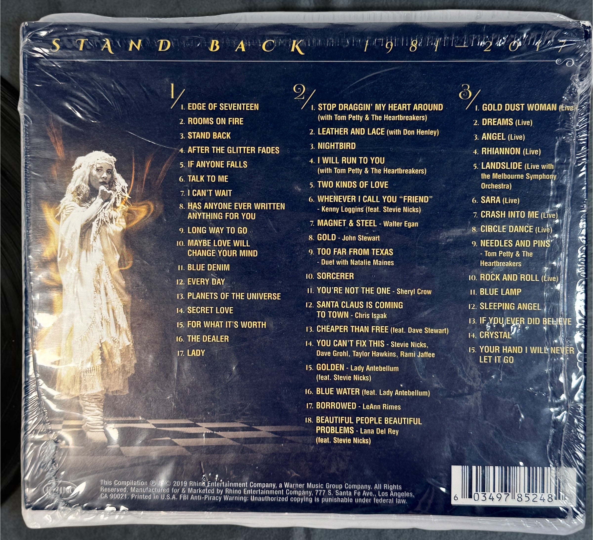Stevie Nicks Stand Back 1981–2017 deluxe 3-CD set. 50 tracks featuring classic hits, live performances and collaborations. 2019 Rhino release.