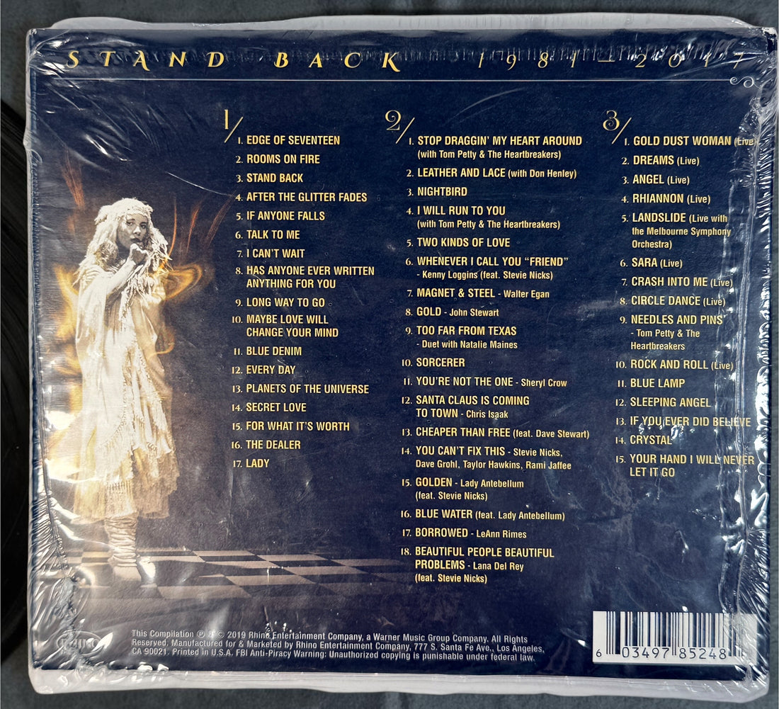Stevie Nicks Stand Back 1981–2017 deluxe 3-CD set. 50 tracks featuring classic hits, live performances and collaborations. 2019 Rhino release.