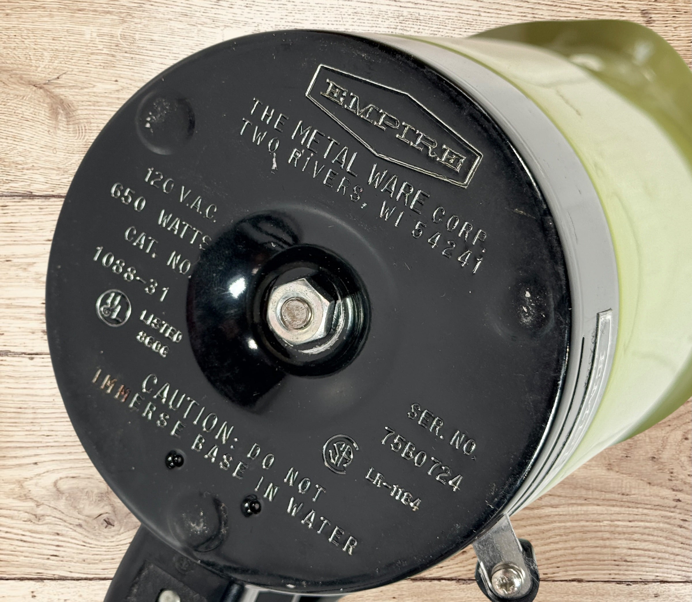 
Vintage Empire Electric Hot Cup Model 1088 avocado green travel kettle with original box. Mid-century portable electric water heater by Metal Ware Corp.