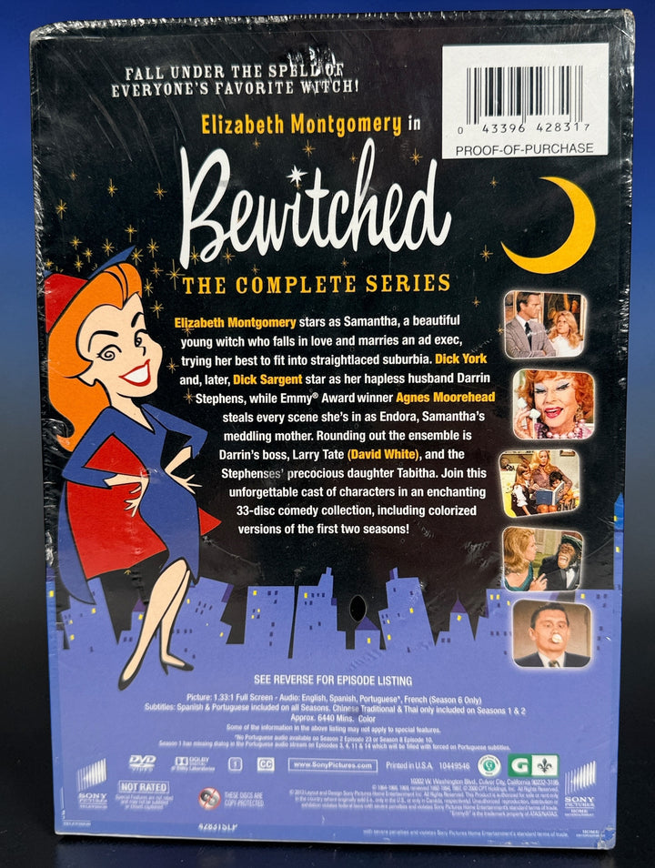 Bewitched The Complete Series DVD box set. 33-disc Sony release featuring all seasons of the classic sitcom starring Elizabeth Montgomery. Factory sealed copy.