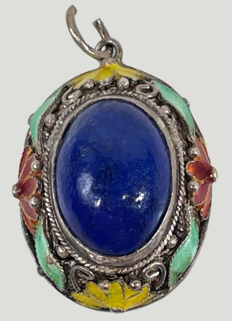 Art-Deco Pendant, Lapis Lazuli, Cloisonné, Filigree, Vintage, 0.75 in. ( Length)