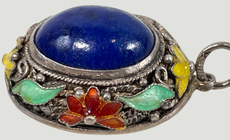 Art-Deco Pendant, Lapis Lazuli, Cloisonné, Filigree, Vintage, 0.75 in. ( Length)