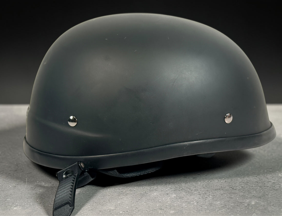 Classic X-Terminator DOT certified motorcycle half helmet size large in matte black. Cruiser style low profile helmet with quick release strap in good condition.