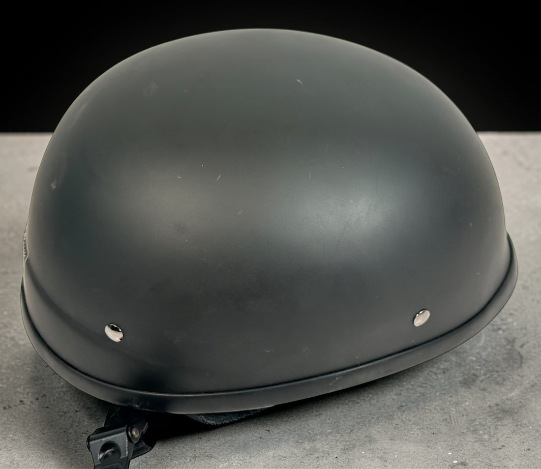 Classic X-Terminator DOT certified motorcycle half helmet size large in matte black. Cruiser style low profile helmet with quick release strap in good condition.