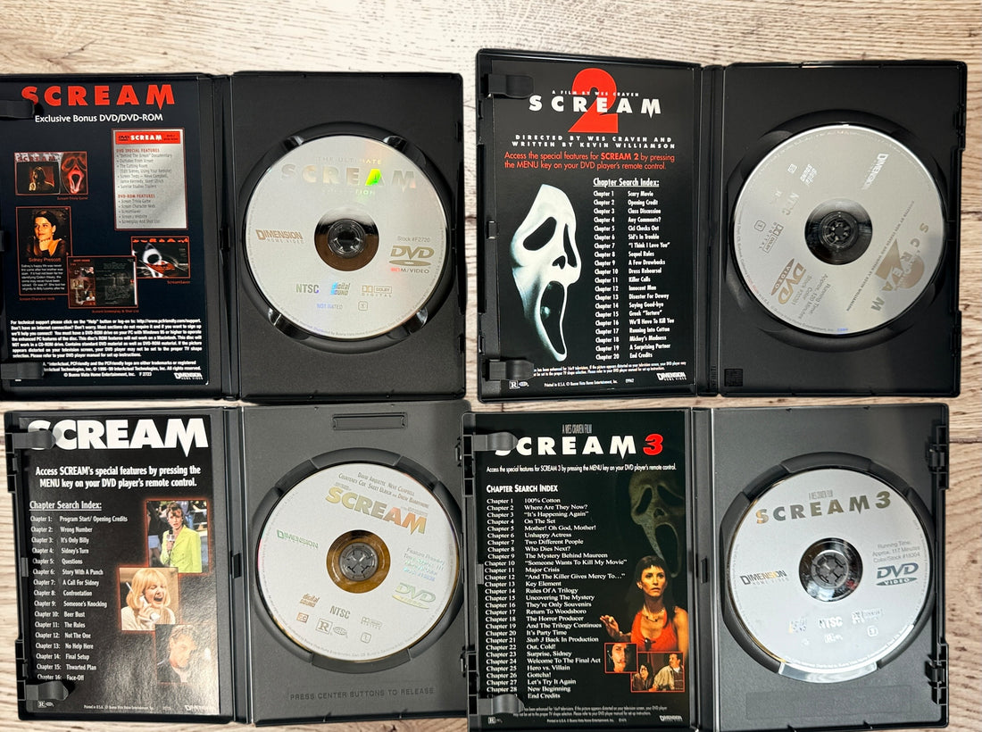 Ultimate Scream Collection DVD box set with Scream, Scream 2, Scream 3 and bonus disc. Horror collector’s edition from Dimension Home Video. Complete set.