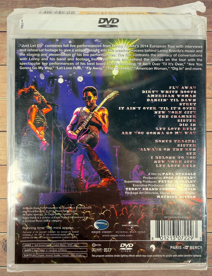 Lenny Kravitz Just Let Go Live concert DVD filmed during the 2014 European tour. Factory sealed Eagle Vision release with classic hits and bonus performances.