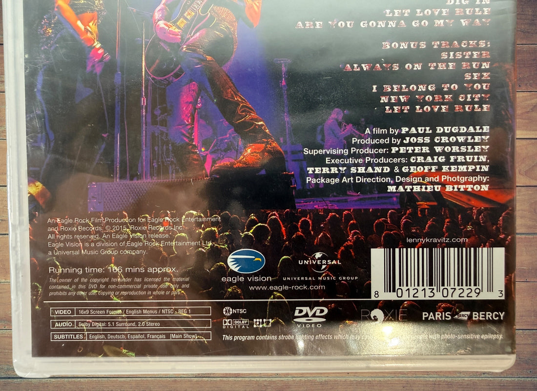 Lenny Kravitz Just Let Go Live concert DVD filmed during the 2014 European tour. Factory sealed Eagle Vision release with classic hits and bonus performances.