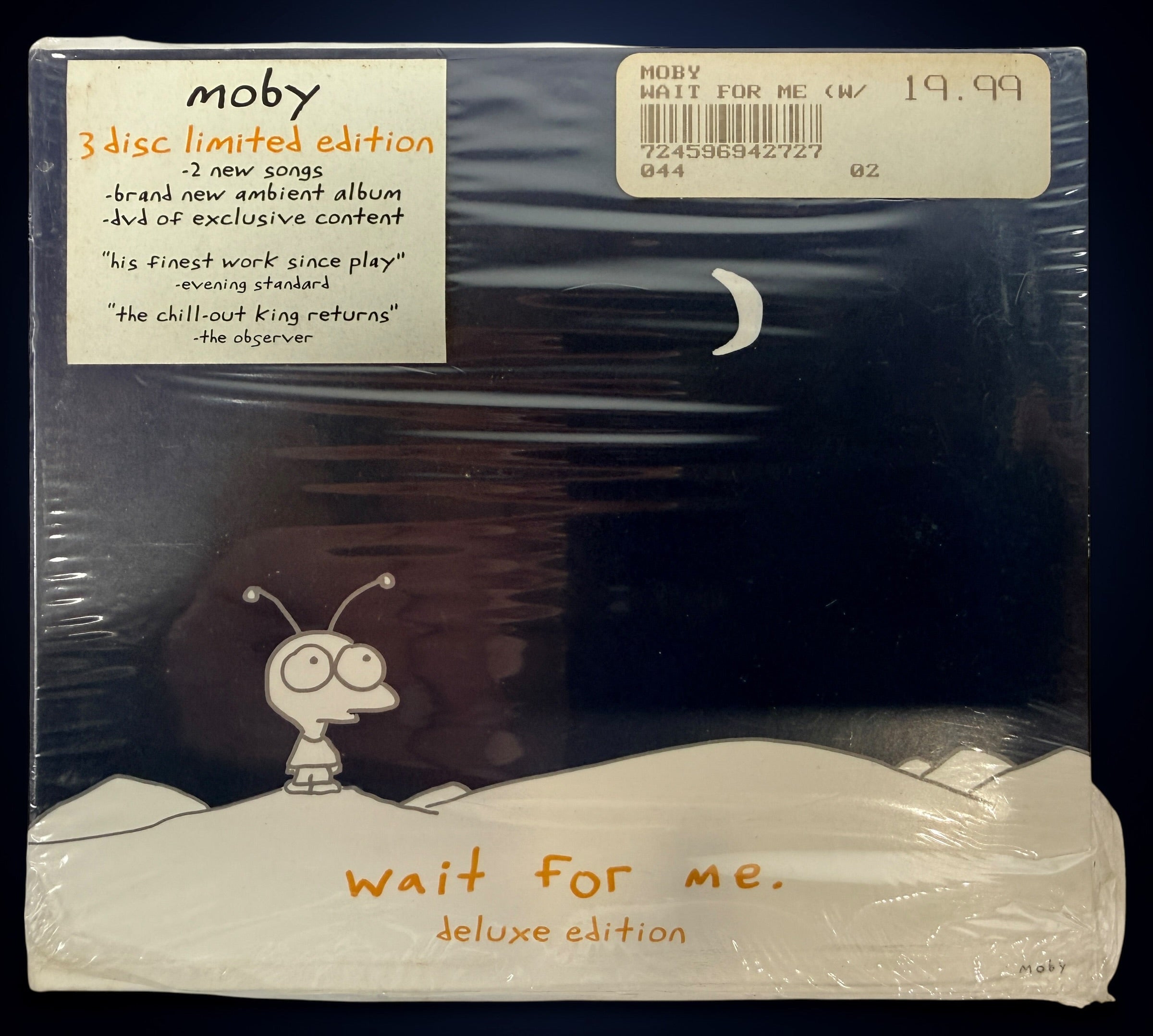 Moby Wait For Me deluxe edition 3 disc set including ambient album and DVD. Factory sealed electronic ambient release from 2009 collectible edition.
