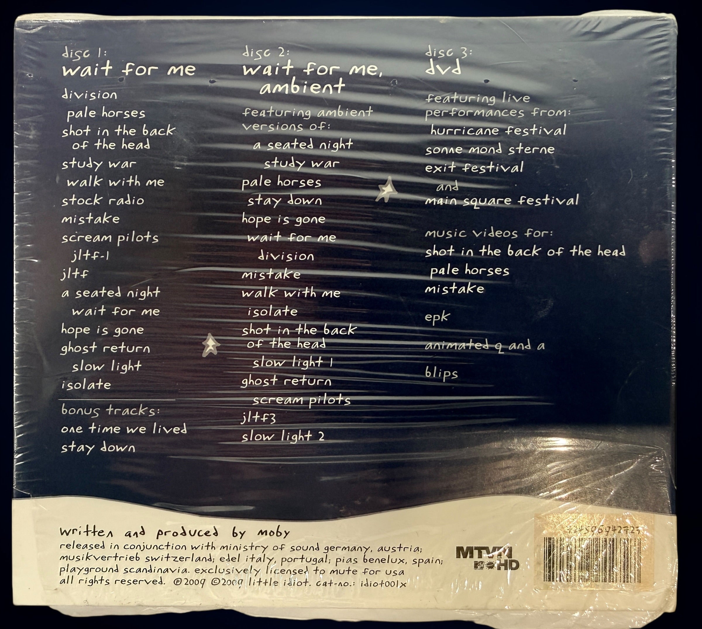 Moby Wait For Me deluxe edition 3 disc set including ambient album and DVD. Factory sealed electronic ambient release from 2009 collectible edition.