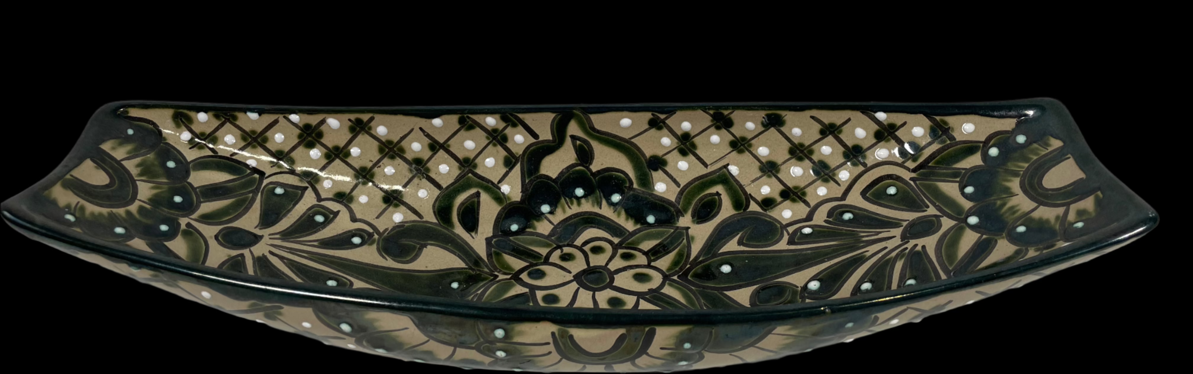 Vintage Hand Made Painted Ceramic Green Talavera Plater Tray Dish 16.5" Mexico