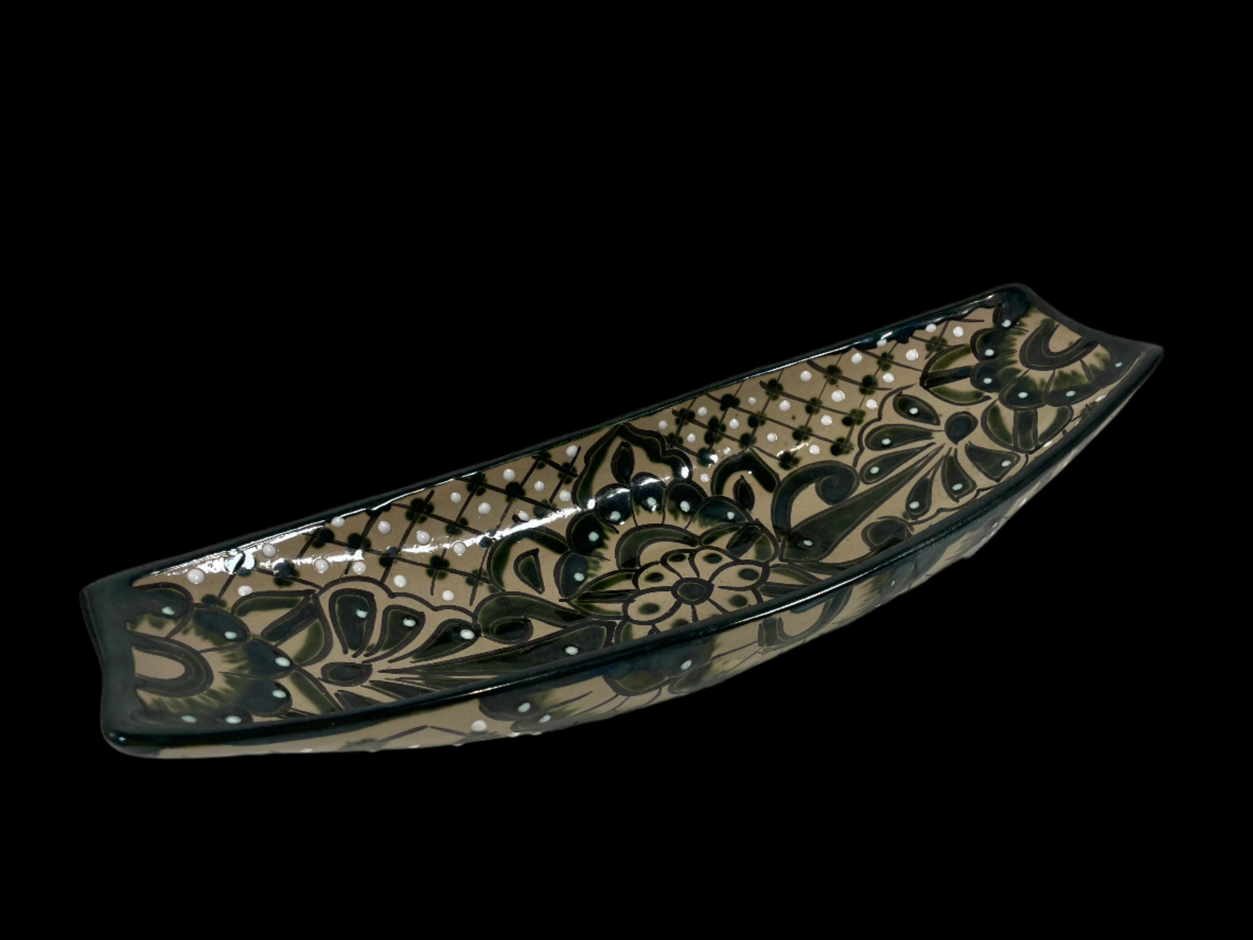 Vintage Hand Made Painted Ceramic Green Talavera Plater Tray Dish 16.5" Mexico