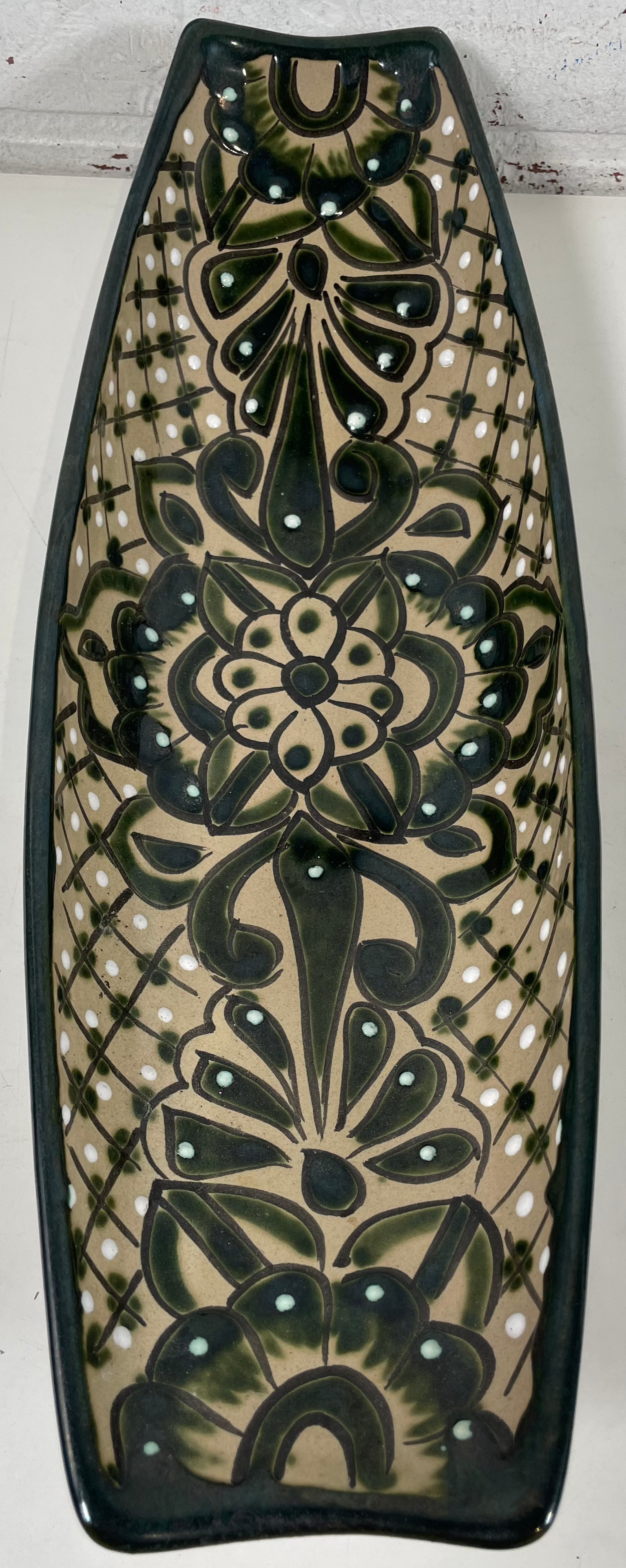 Vintage Hand Made Painted Ceramic Green Talavera Plater Tray Dish 16.5" Mexico