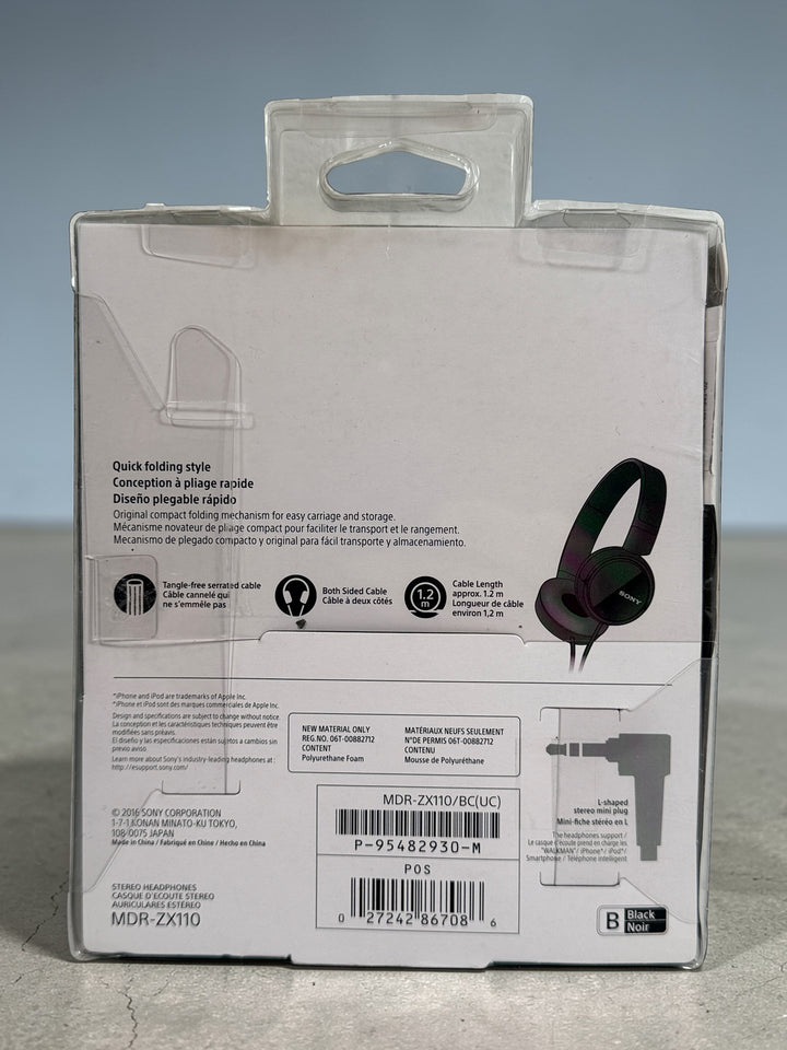 Sony MDR-ZX110 wired stereo headphones in black. Compact folding design with 3.5mm jack. Lightweight portable Sony headphones new in original packaging.