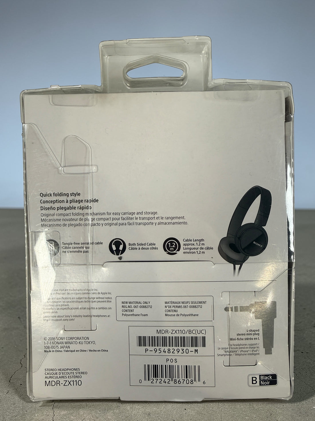 Sony MDR-ZX110 wired stereo headphones in black. Compact folding design with 3.5mm jack. Lightweight portable Sony headphones new in original packaging.