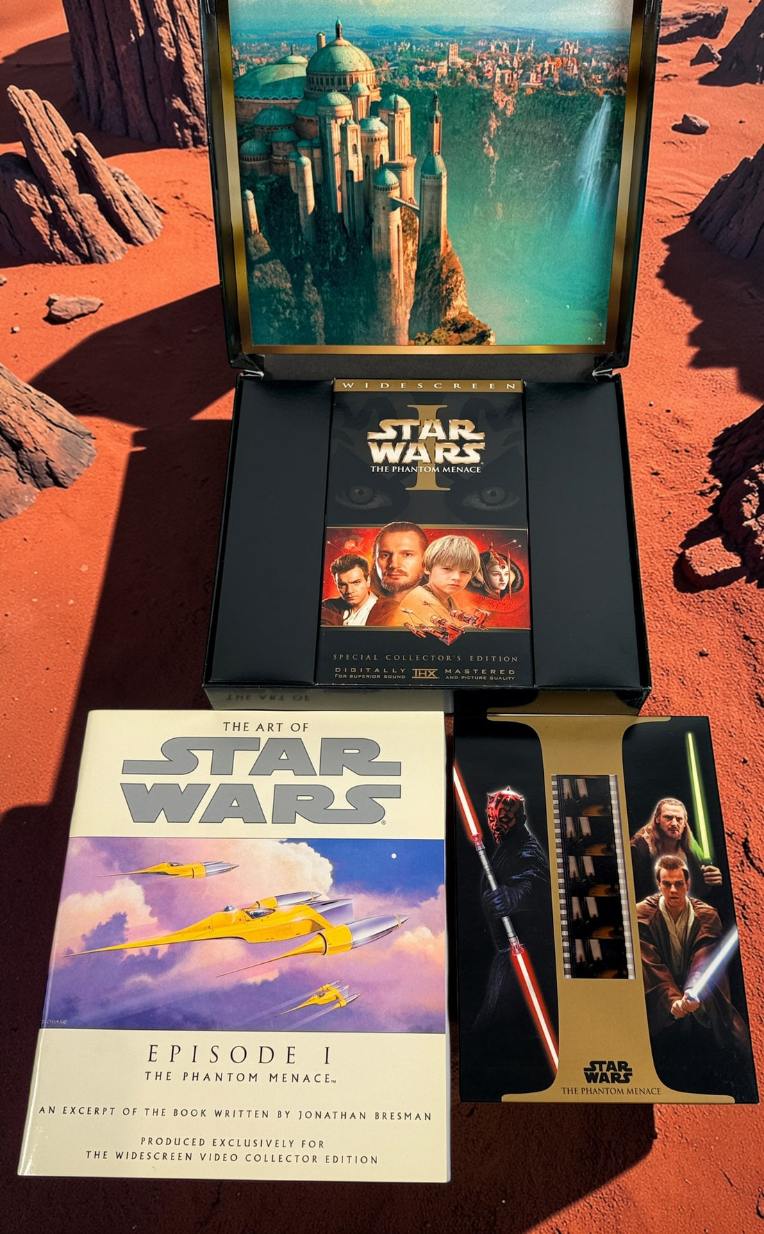 Star Wars Episode I The Phantom Menace Widescreen Collector’s Edition VHS with film strip collectible, booklet, and display box from the original 1999 release.