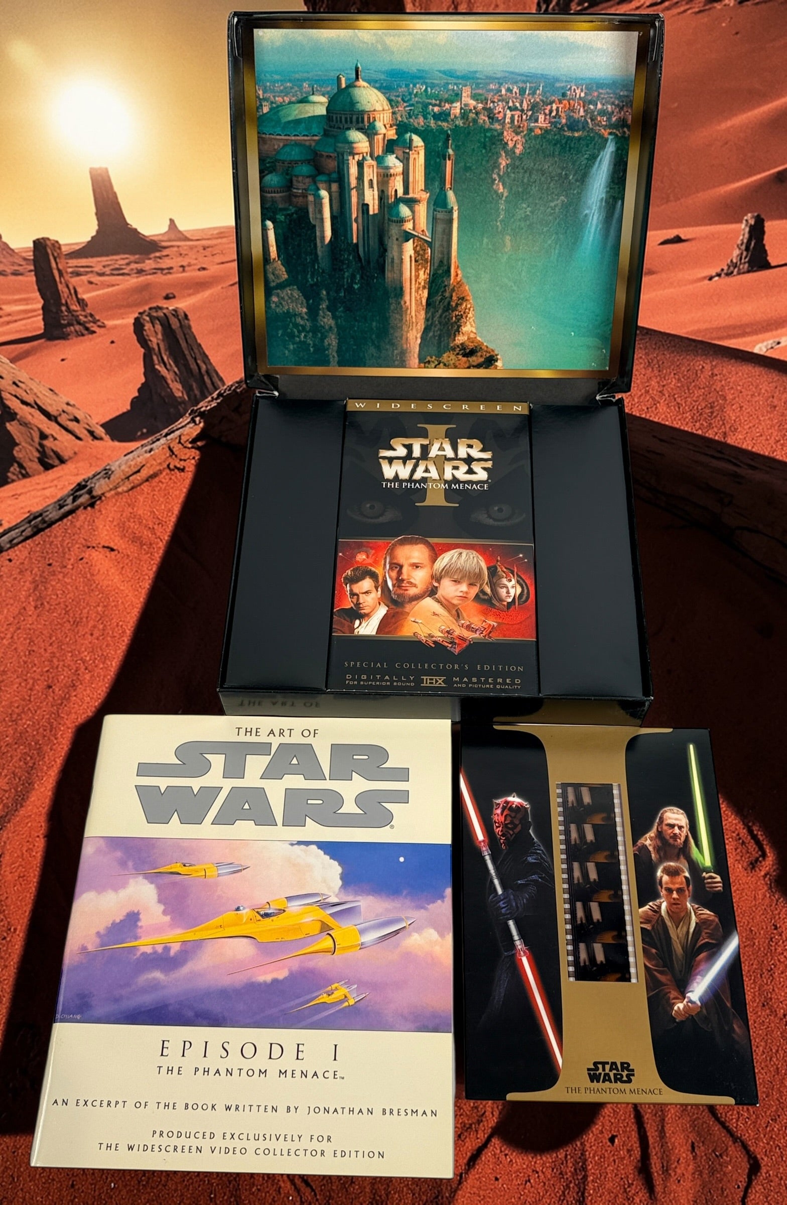 Star Wars Episode I The Phantom Menace Widescreen Collector’s Edition VHS with film strip collectible, booklet, and display box from the original 1999 release.