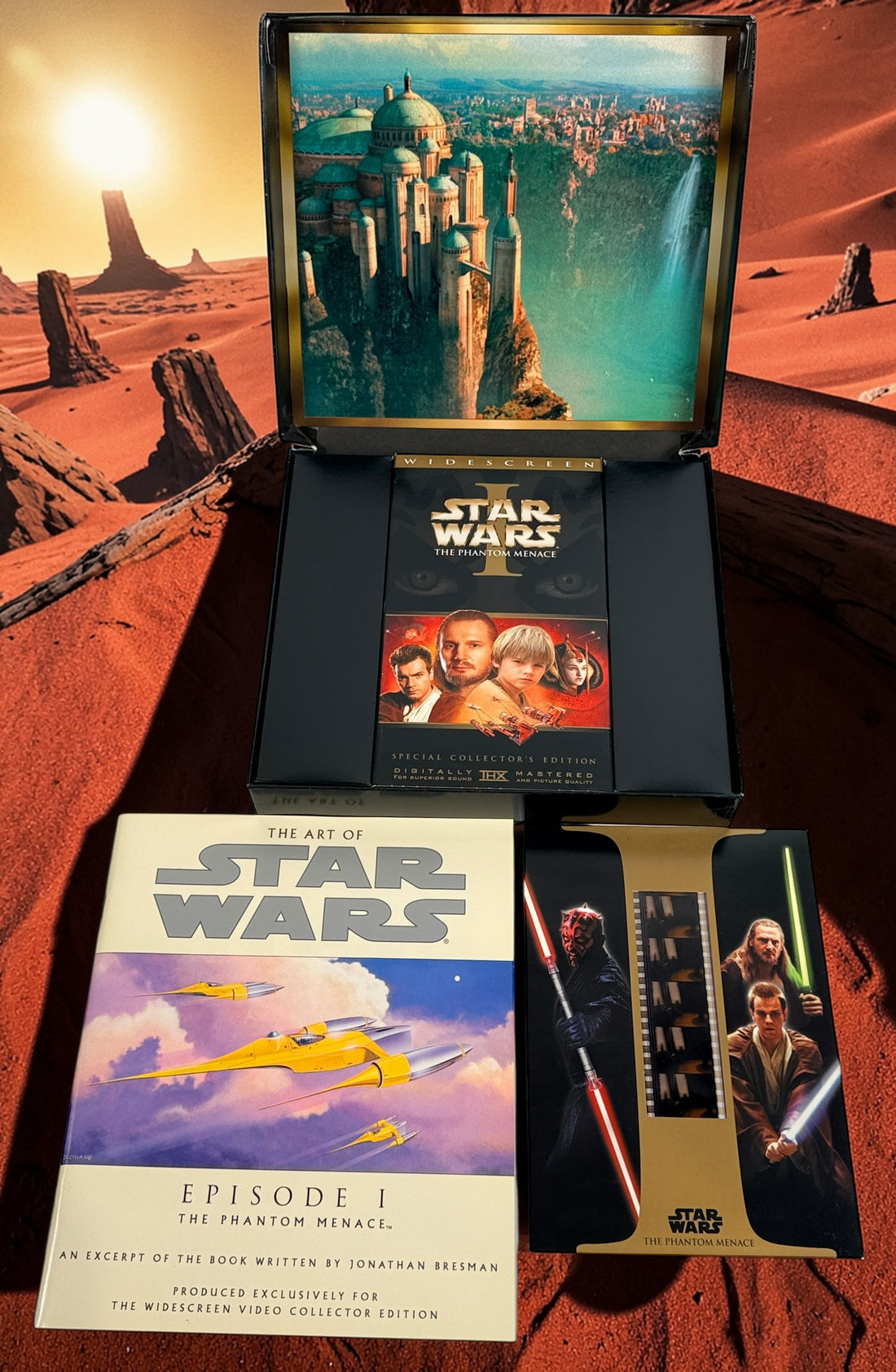 Star Wars Episode I The Phantom Menace Widescreen Collector’s Edition VHS with film strip collectible, booklet, and display box from the original 1999 release.