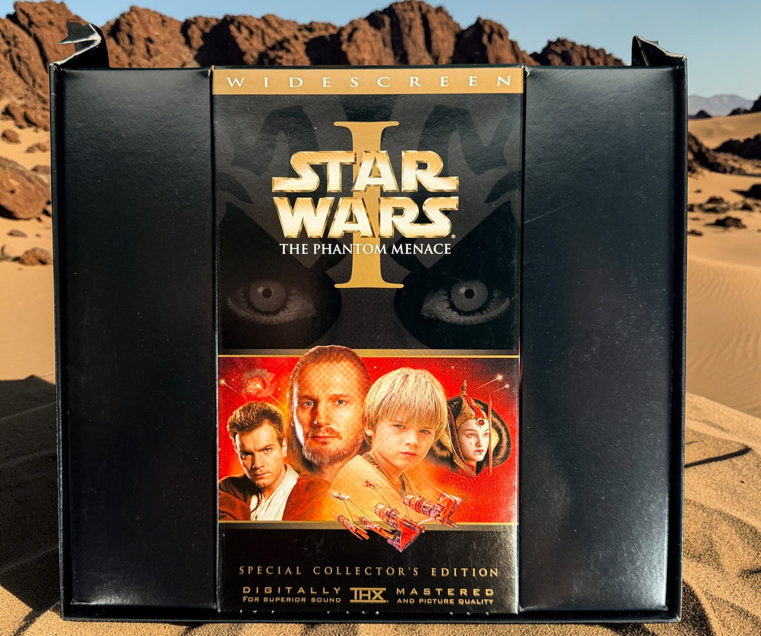 Star Wars Episode I The Phantom Menace Widescreen Collector’s Edition VHS with film strip collectible, booklet, and display box from the original 1999 release.