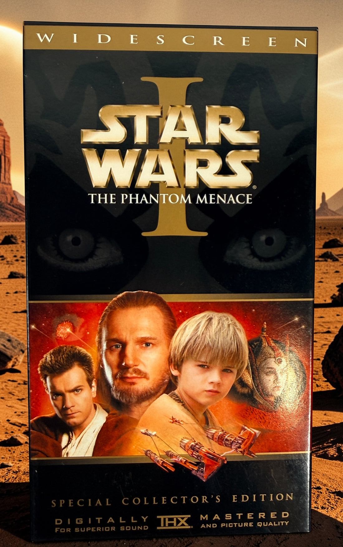 Star Wars Episode I The Phantom Menace Widescreen Collector’s Edition VHS with film strip collectible, booklet, and display box from the original 1999 release.