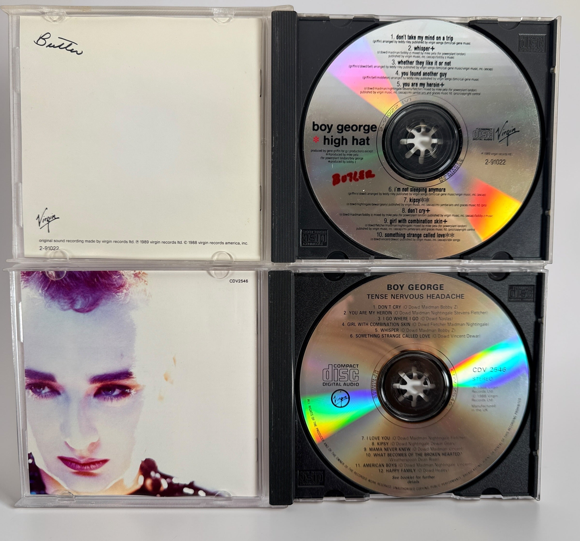 Boy George CD bundle featuring High Hat and Tense Nervous Headache on Virgin Records. Original late-1980s synth pop albums in very good condition.