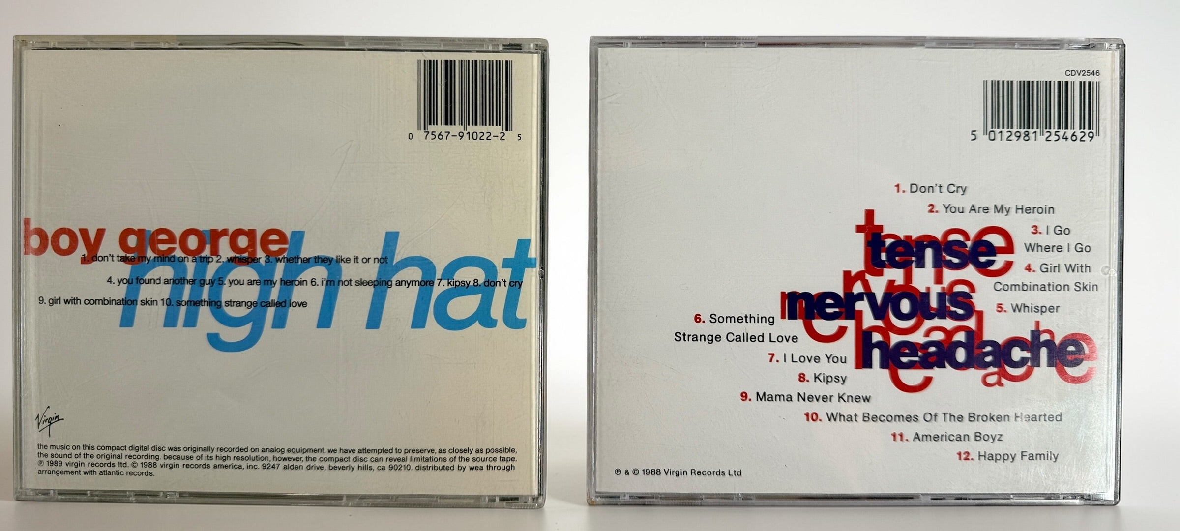Boy George CD bundle featuring High Hat and Tense Nervous Headache on Virgin Records. Original late-1980s synth pop albums in very good condition.