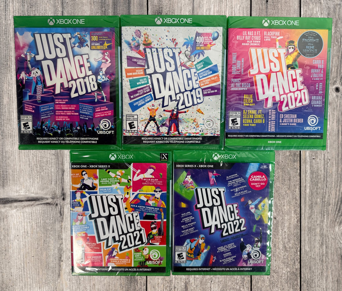 Xbox One Just Dance bundle including 2018, 2019, 2020, 2021 and 2022 editions. Factory sealed Ubisoft dance games with hundreds of pop songs and multiplayer fun.