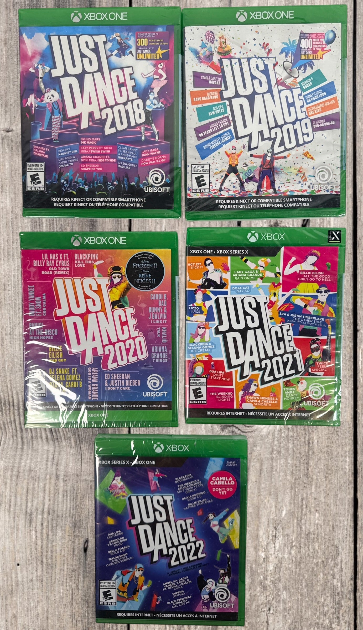 Xbox One Just Dance bundle including 2018, 2019, 2020, 2021 and 2022 editions. Factory sealed Ubisoft dance games with hundreds of pop songs and multiplayer fun.