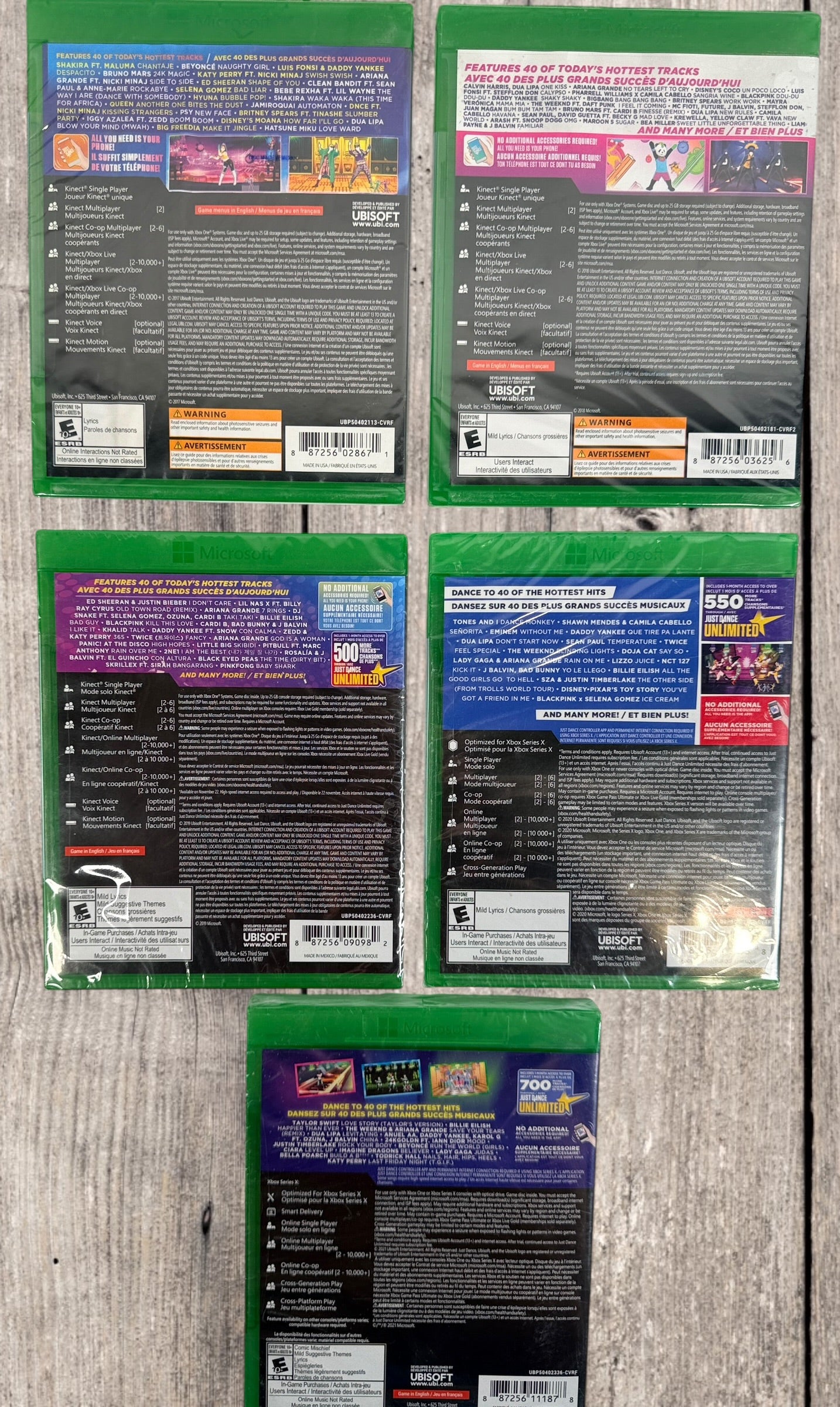 Xbox One Just Dance bundle including 2018, 2019, 2020, 2021 and 2022 editions. Factory sealed Ubisoft dance games with hundreds of pop songs and multiplayer fun.