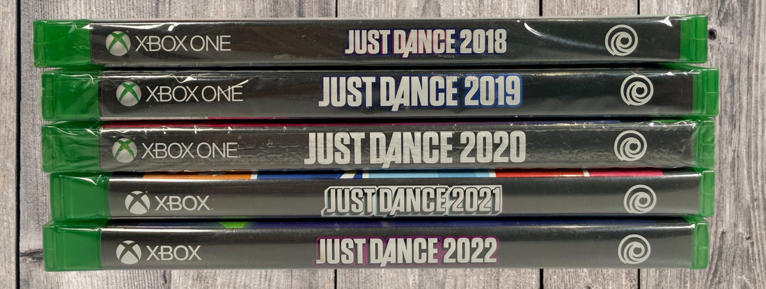Xbox One Just Dance bundle including 2018, 2019, 2020, 2021 and 2022 editions. Factory sealed Ubisoft dance games with hundreds of pop songs and multiplayer fun.